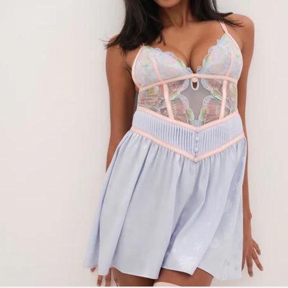 For Love And Lemons Pastel Blue and Blush Lace Chemise